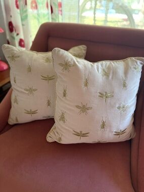H&M Embroidered Insect Accent Throw Pillow - Cream with Gold Motif